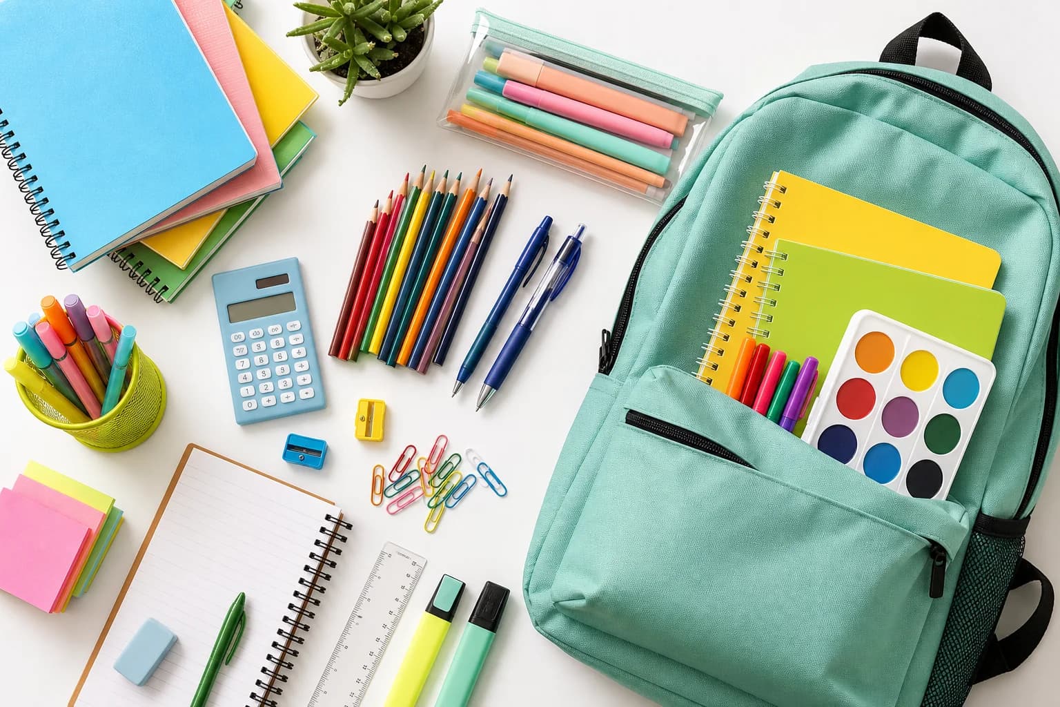 School stationery supplies flat lay