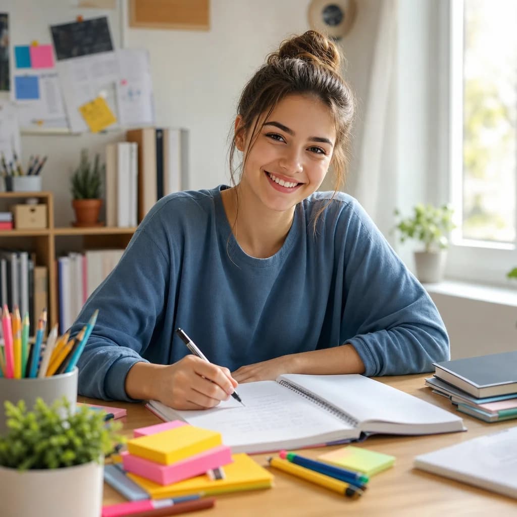 Student at their desk with stationery